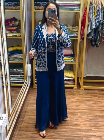 DESIGNER CHINON EMBROIDERY WORK BLOUSE KOTI WITH PALAZZO BLUE