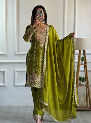 DESIGNER CHINON SILK EMBROIDERY CODING DORI  SEQUENCE WORK  TOP BOTTOM WITH DUPATTA PARROT GREEN