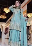 DESIGNER CHINON SILK EMBROIDERY SEQUENCE CODING WORK TOP PALAZZO WITH DUPATTA  SKY
