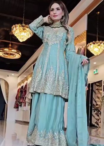 DESIGNER CHINON SILK EMBROIDERY SEQUENCE CODING WORK TOP PALAZZO WITH DUPATTA  SKY