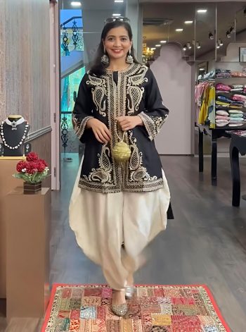 DESIGNER CHINON SILK EMBROIDERY SEQUENCE WORK TOP DHOTI WITH DUPATTA  BLACK