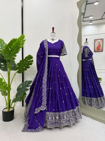 DESIGNER CHINON SILK THREAD WITH SEQUENCE WORK LEHENGA CHOLI WITH DUPATTA PURPLE