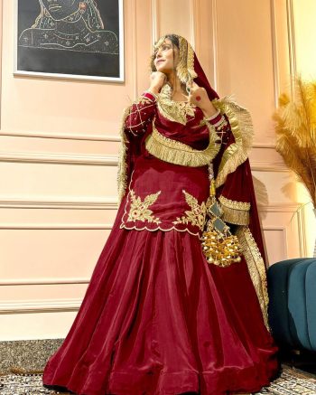 DESIGNER CREEP SILK BEADS HAND WORK WITH SEQUENCE MULTI NEEDLE EMBROIDERY AND ZARI WORK TOP LEHENGA WITH DUPATTA RED