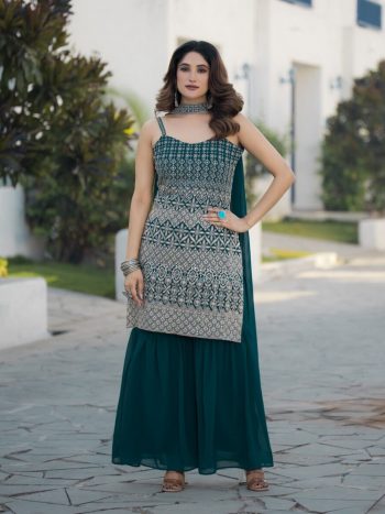 DESIGNER FAUX GEORGETTE SEQUENCE EMBROIDERY WORK TOP PALAZZO WITH DUPATTA GREEN
