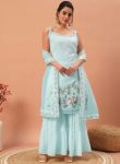 DESIGNER GEORGETTE SEQUENCE EMBROIDERED WORK TOP SHARARA WITH DUPATTA  SKY