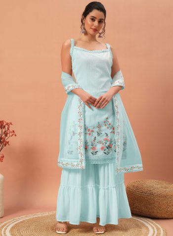 DESIGNER GEORGETTE SEQUENCE EMBROIDERED WORK TOP SHARARA WITH DUPATTA  SKY