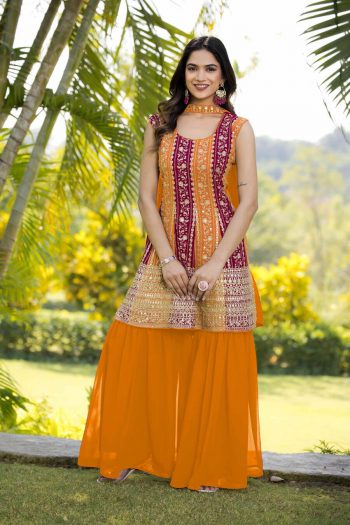 DESIGNER GEORGETTE SEQUENCE EMBROIDERY WORK TOP SHARARA WITH DUPATTA YELLOW