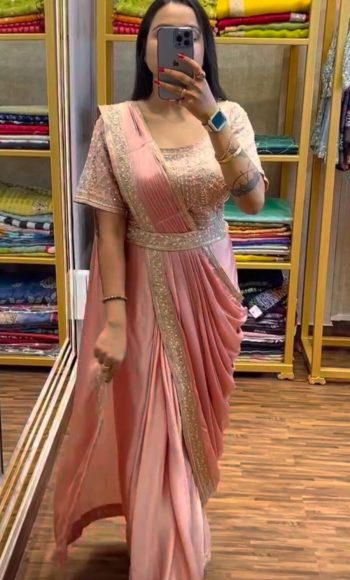 DESIGNER RANGOLI EMBROIDERY CODING WORK READY TO WEAR SAREE WASIT BELT AND STITCHED BLOUSE BABY PINK