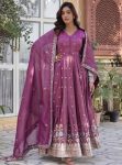 DESIGNER VISCOSE COSMOS FOIL EMBROIDERY ZARI SEQUENCE WORK GOWN WITH DUPATTA  LAVENDER