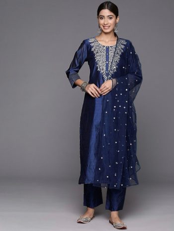 FACNY ROMAN EMBROIDERY WITH CODING WORK TOP BOTTOM WITH DUPATTA NAVY BLUE
