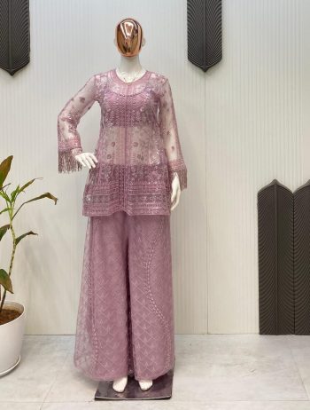 FANCY BUTTERFLY NET SEQUENCE EMBROIDERY WORK TOP BLOUSE WITH PALAZZO BABY PINK