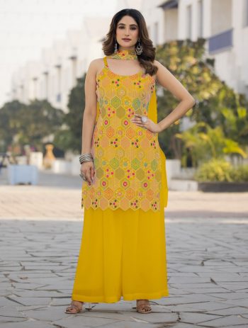 FANCY CHINON CHINON WITH EMBROIDERY WORK TOP PALAZZO WITH DUPATTA YELLOW
