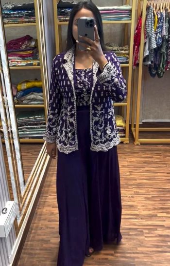 FANCY CHINON EMBROIDERY WORK BLOUSE KOTI WITH PALAZZO PURPLE