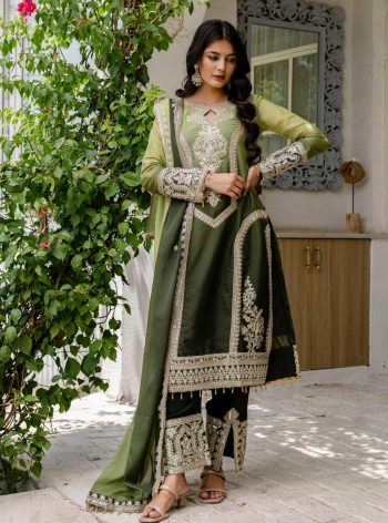 FANCY GEORGETTE PANDDING EMBROIDERY SEQUENCE CODDING WORK TOP BOTTOM WITH DUPATTA  GREEN
