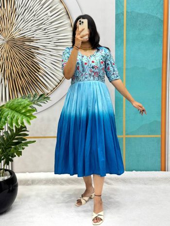 FANCY MUL MUL COTTON EMBROIDERY THREAD WORK ONEPIECE DRESS  SKY