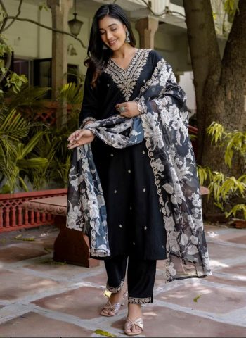 FANCY RAYON EMBROIDERY WORK TOP BOTTOM WITH DUPATTA  BLACK