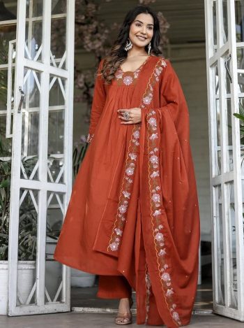 FANCY RAYON SLUB EMBROIDERY WORK TOP BOTTOM WITH DUPATTA  ORANGE