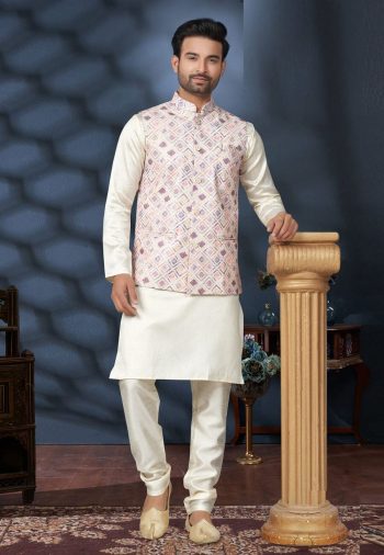 FANCY SILK DIGITAL PRINTED SEQUENCE LAKHNOWI WORK MEN'S KURTA PAYJAMA WITH JACKET CREAM