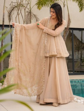 FANCY TABBY ORGANZA MUKESH WORK PEPLUM TOP PALAZZO WITH DUPATTA  CREAM