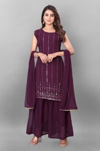 LATEST GEORGETTE EMBROIDERY WORK TOP SHARARA WITH DUPATTA  PURPLE