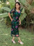 LATEST ORGANZA FLOWER PRINTED KURTI GREEN