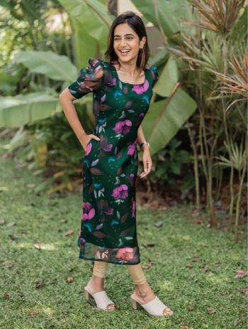 LATEST ORGANZA FLOWER PRINTED KURTI GREEN