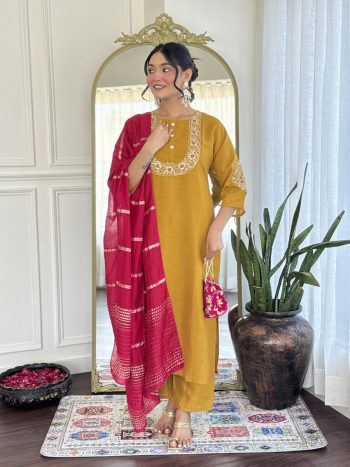 MOST PICKED VICHITRA SILK SEQUENCE CODING EMBROIDERY WORK TOP BOTTOM WITH DUPATTA  YELLOW