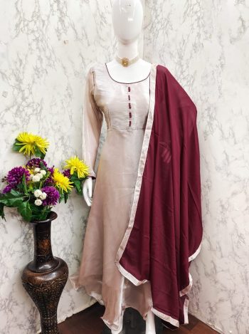 NEW ARRIVAL BURBERRY SILK POTALI BUTTON WORK ANARKALI GOWN WITH DUPATTA  MAROON
