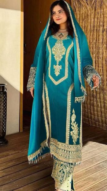NEW ARRIVAL CHINON SILK DUAL TONE WITH EMBROIDERY SEQUENCE AND CODING WORK TOP PALAZZO WITH DUPATTA SKY