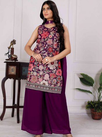 NEW ARRIVAL FAUX GEORGETTE SEQUENCE EMBROIDERY WORK TOP PALAZZO WITH DUPATTA WINE