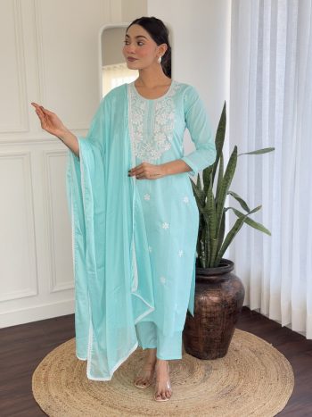 NEW ARRIVAL PURE COTTON EMBROIDERY WORK TOP BOTTOM WITH DUPATTA SKY