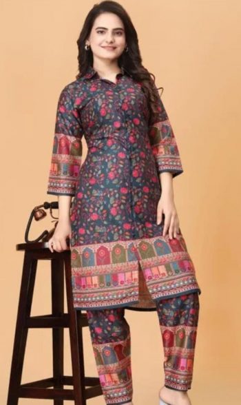 NEW ARRIVAL SLUB COTTON PRINT WORK CO-ORD SET  MULTI