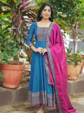 NEW ARRIVAL VICHITRA SILK JACQUARD ZARI WEAVING WORK ANARKALI GOWN WITH DUPATTA BLUE