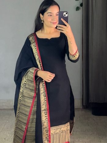 NEW ARRIVAL VICHITRA SILK JACQUARD ZARI WEAVING WORK TOP WITH DUPATTA BLACK