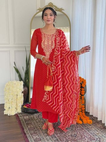 NEW ARRIVAL VICHITRA SILK SEQUENCE CODING EMBROIDERY WORK TOP BOTTOM WITH DUPATTA  RED