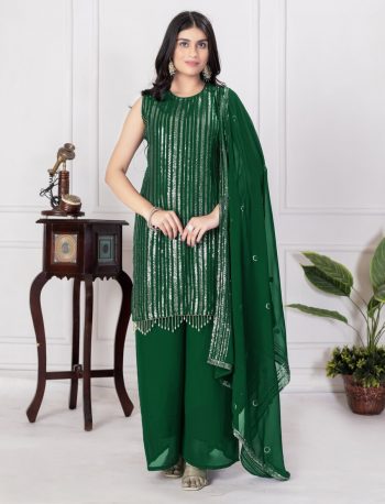 RICH LOOK FAUX GEORGETTE SEQUENCE EMBROIDERY WORK TOP PALAZZO WITH DUPATTA  GREEN