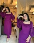 RICH LOOK GEORGETTE PLAIN WITH BALOON SLEEVES TOP BOTTOM SET  PURPLE