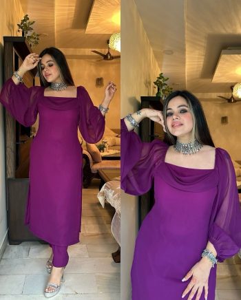 RICH LOOK GEORGETTE PLAIN WITH BALOON SLEEVES TOP BOTTOM SET  PURPLE