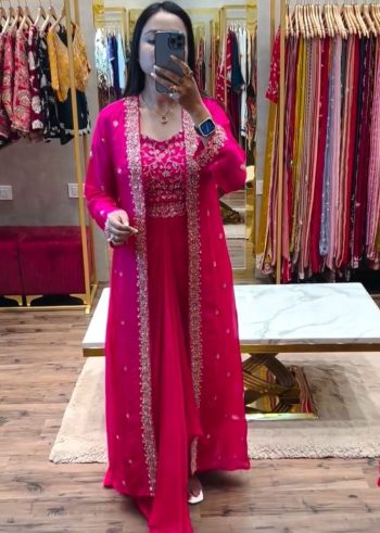 DESIGNER CHINON EMBROIDERY SEQUENCE WORK DRAPE SKIRT BLOUSE WITH SHRUG PINK