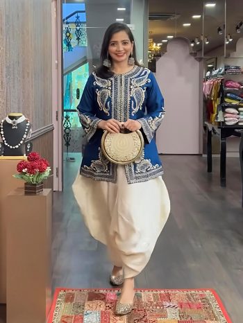DESIGNER CHINON SILK EMBROIDERY SEQUENCE WORK TOP DHOTI WITH DUPATTA  BLUE