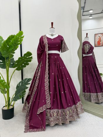 DESIGNER CHINON SILK THREAD WITH SEQUENCE WORK LEHENGA CHOLI WITH DUPATTA WINE