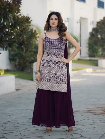 DESIGNER FAUX GEORGETTE SEQUENCE EMBROIDERY WORK TOP PALAZZO WITH DUPATTA WINE