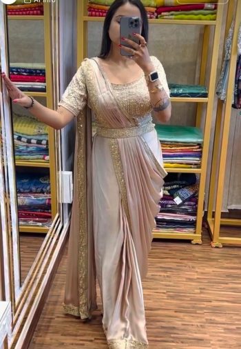DESIGNER RANGOLI EMBROIDERY CODING WORK READY TO WEAR SAREE WASIT BELT AND STITCHED BLOUSE CREAM