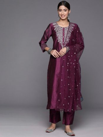 FACNY ROMAN EMBROIDERY WITH CODING WORK TOP BOTTOM WITH DUPATTA WINE