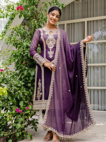 FANCY GEORGETTE PANDDING EMBROIDERY SEQUENCE CODDING WORK TOP BOTTOM WITH DUPATTA  PURPLE