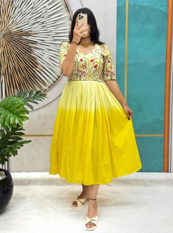 FANCY MUL MUL COTTON EMBROIDERY THREAD WORK ONEPIECE DRESS YELLOW