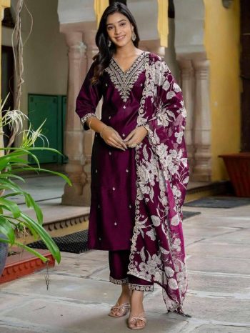 FANCY RAYON EMBROIDERY WORK TOP BOTTOM WITH DUPATTA WINE