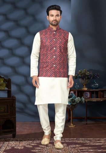 FANCY SILK DIGITAL PRINTED SEQUENCE LAKHNOWI WORK MEN'S KURTA PAYJAMA WITH JACKET MAROON