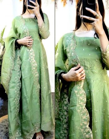 NEW ARRIVAL CRUSH SILK EMBROIDERY SEQUENCE DESIGN WORK GOWN BOTTOM WITH DUPATTA  PISTA