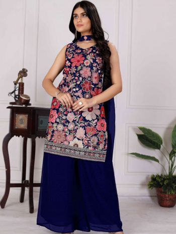 NEW ARRIVAL FAUX GEORGETTE SEQUENCE EMBROIDERY WORK TOP PALAZZO WITH DUPATTA NAVY BLUE